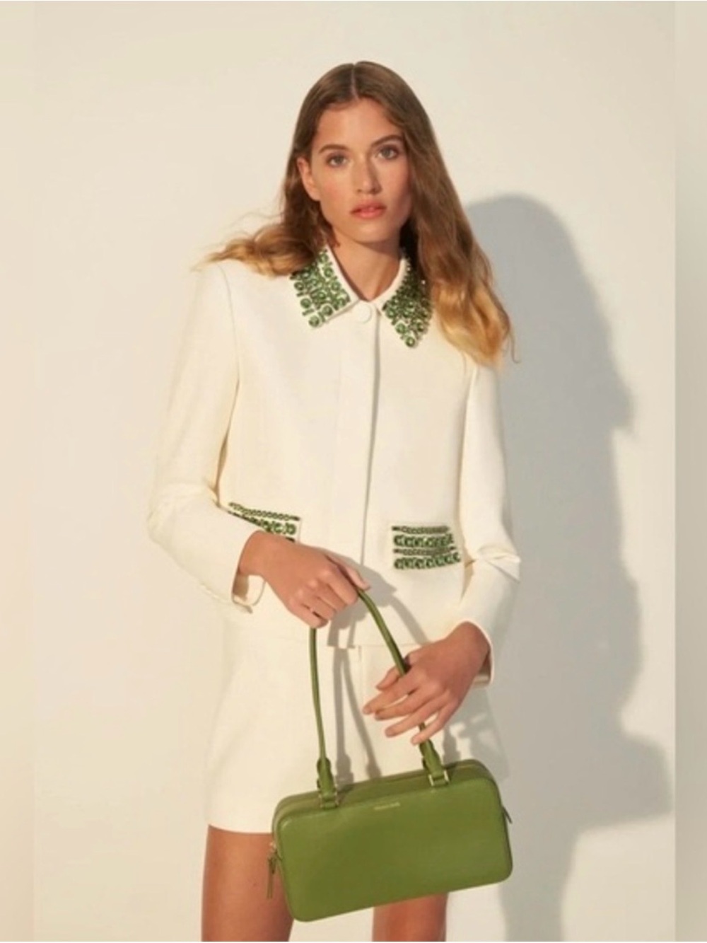 Veronica Beard Cream Jacket with Green Embellished Collar and Pockets